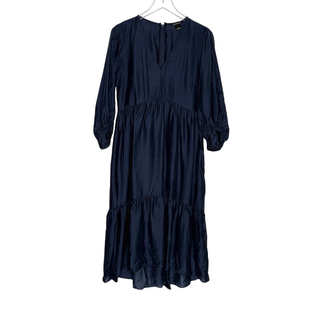 Club Monaco Easy Midi Tiered Dress 4 Navy Flowy V Neck Shimmer Unlined